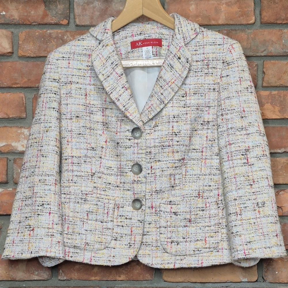 ANNE KLEIN Tweed Blazer 8P Chanel-Style Multicolor Bouclé Jacket Cropped